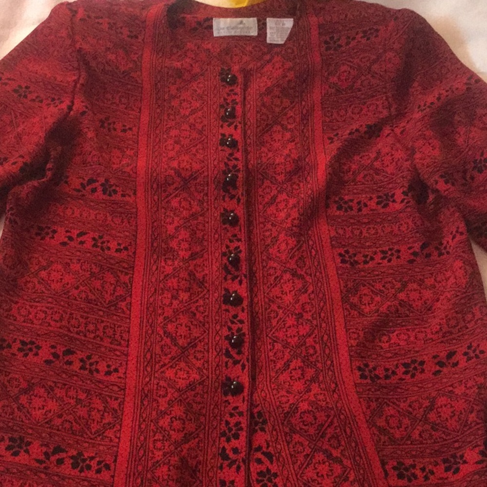 Liz Claiborne Red Black Button Up Print Tunic Top - Picture 4 of 8